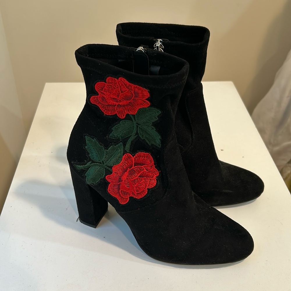 Steve Madden suede heel booties with floral embroidery